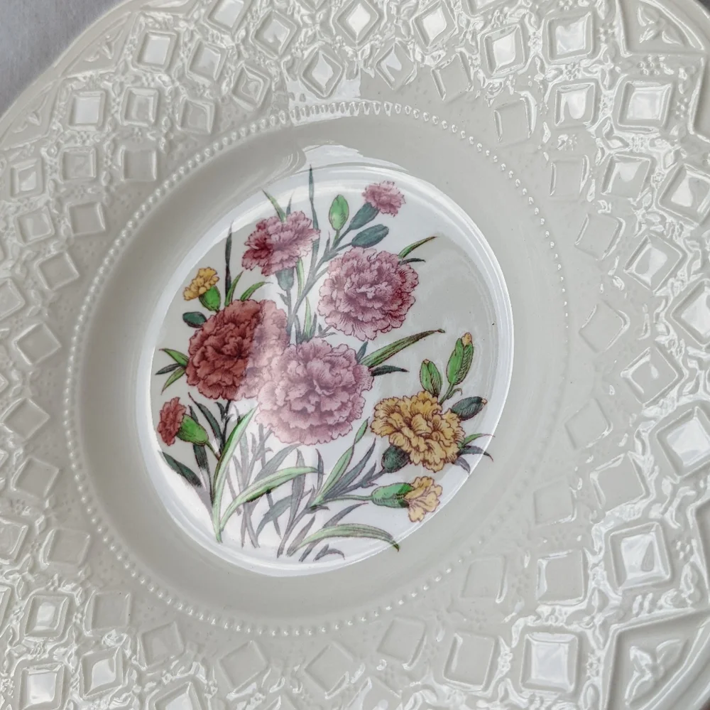 Wedgwood Carnations Floral Embossed Rim Scalloped Bread and Butter Bowl Vintage